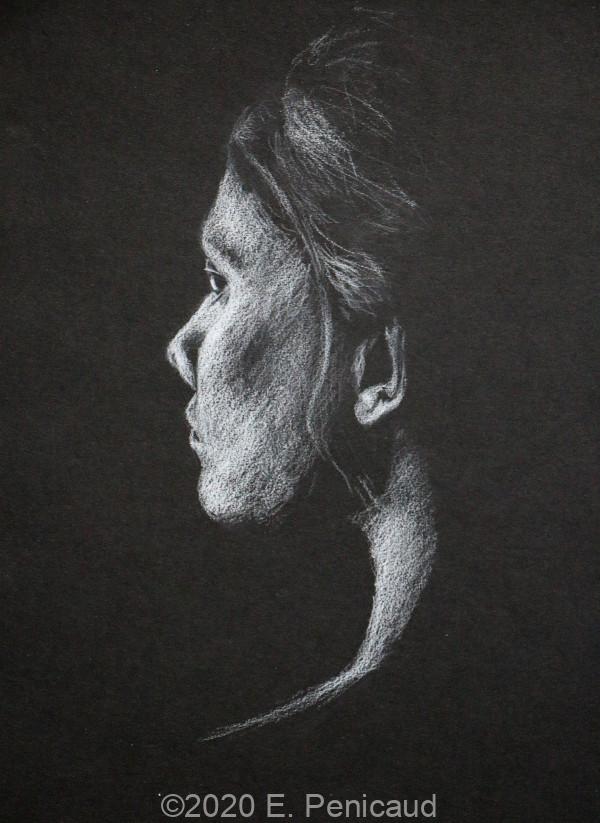 Portrait à la craie sur papier noir par Etienne Penicaud